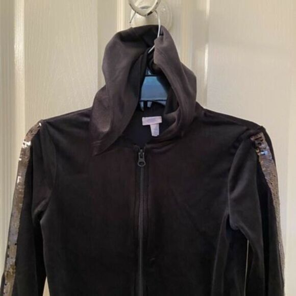 More Than Magic Black Velour Hoodie Jacket Sequin Stripe Girls Small 6-6X NWT - Picture 2 of 8
